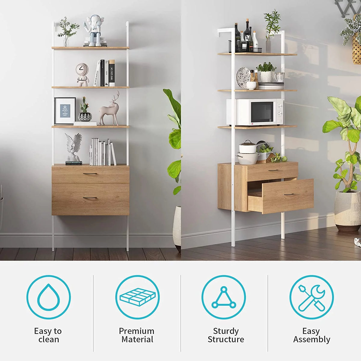 Wood Bookshelf with Drawers and Steel Frame Q8840