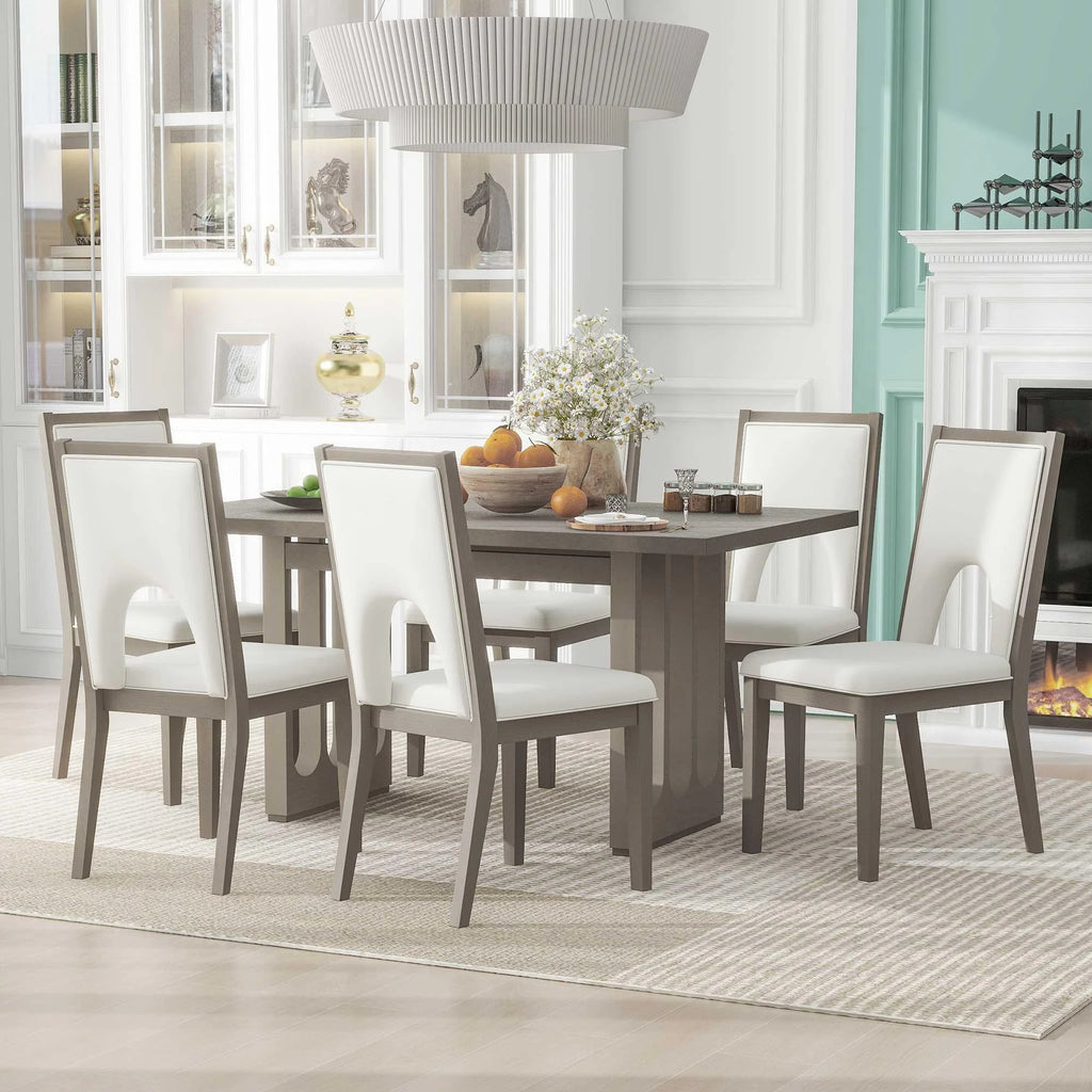 Wood 7 Piece Dining Table Set with 6 Beige Cushioned Chairs F410