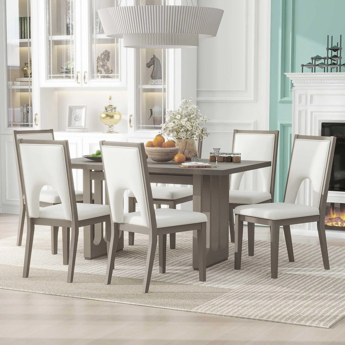 Wood 7 Piece Dining Table Set with 6 Beige Cushioned Chairs F410