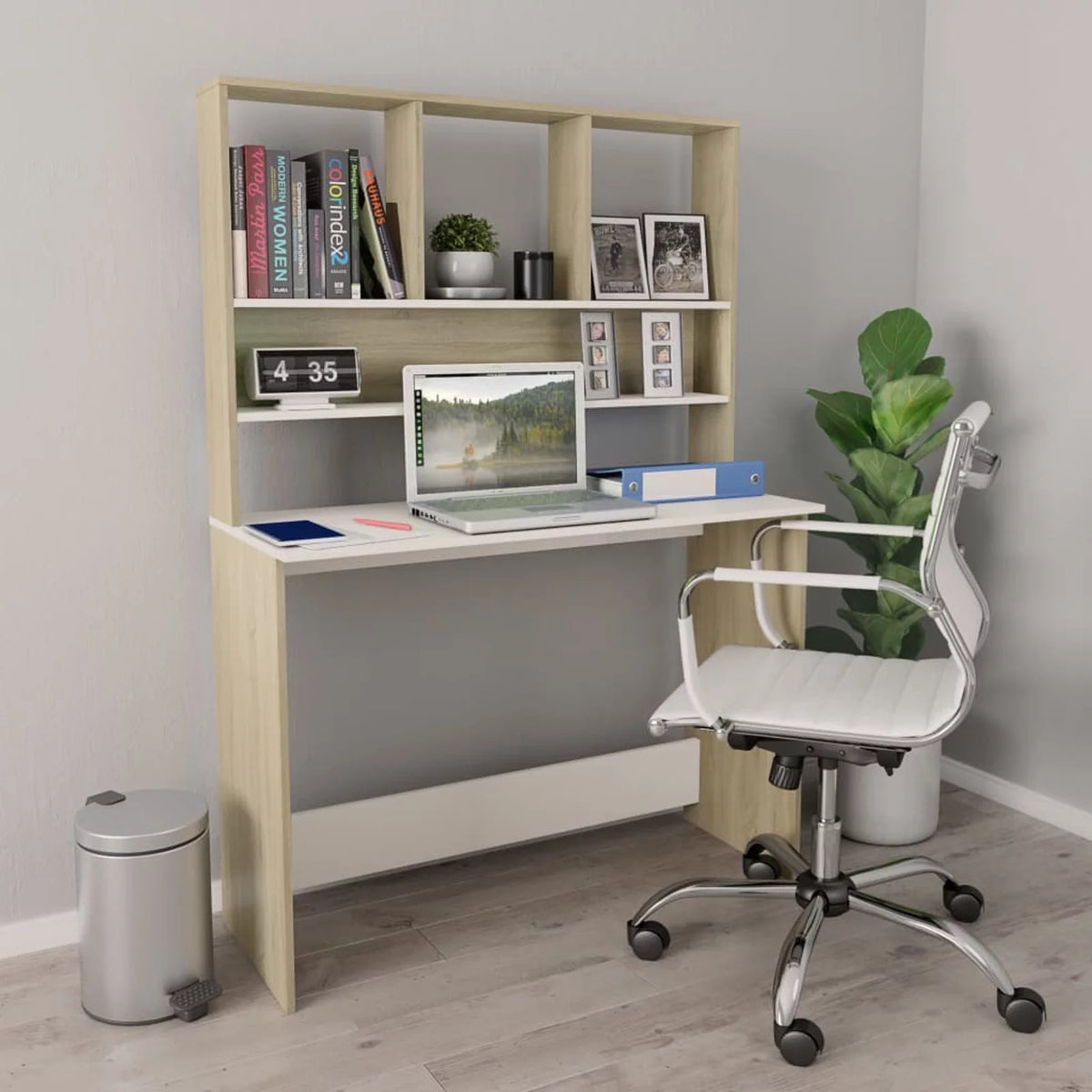 White and Sonoma Oak Engineered Wood Desk with Shelves X874579