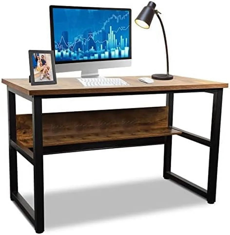 Computer Desk with Shelves 47 Inches Natural Wood Black Metal Frame Q628135