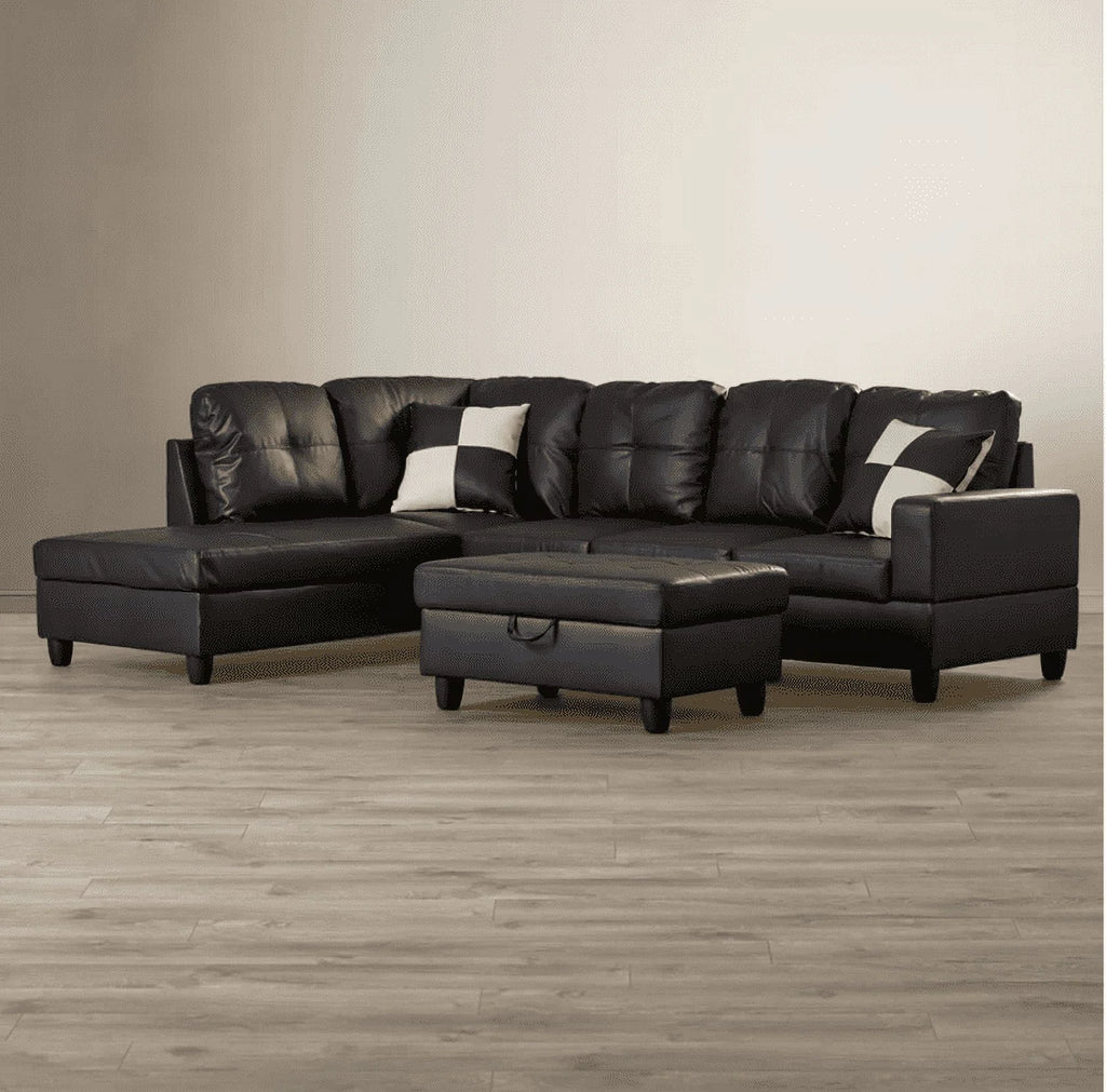 Black Left Facing Faux Leather Sectional Sofa with Ottoman M525