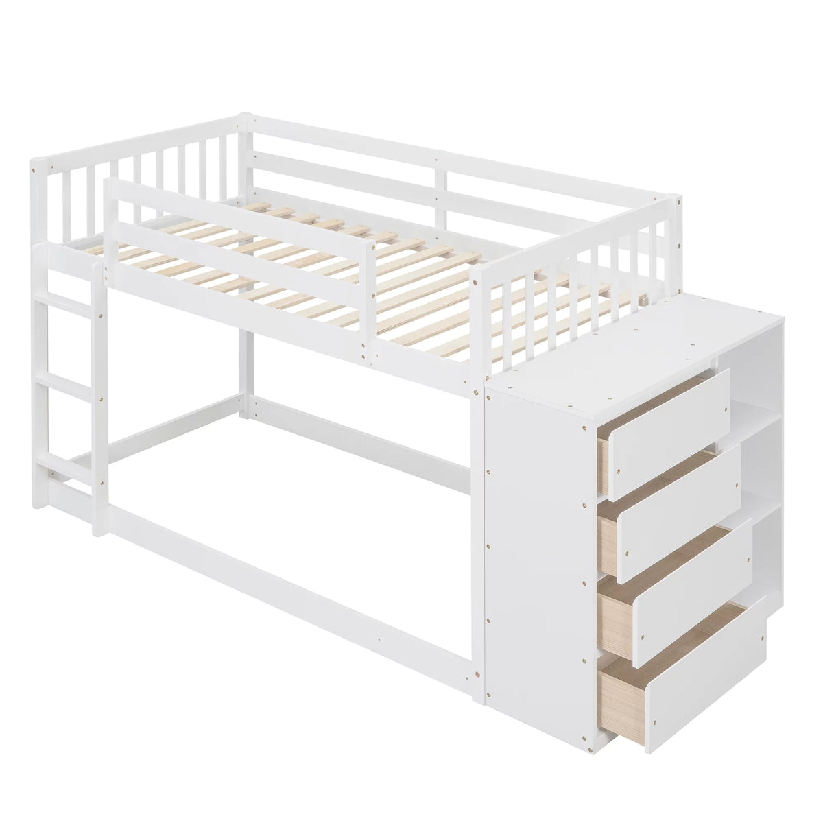 White Wood Twin Over Twin Bunk Bed with Storage U835