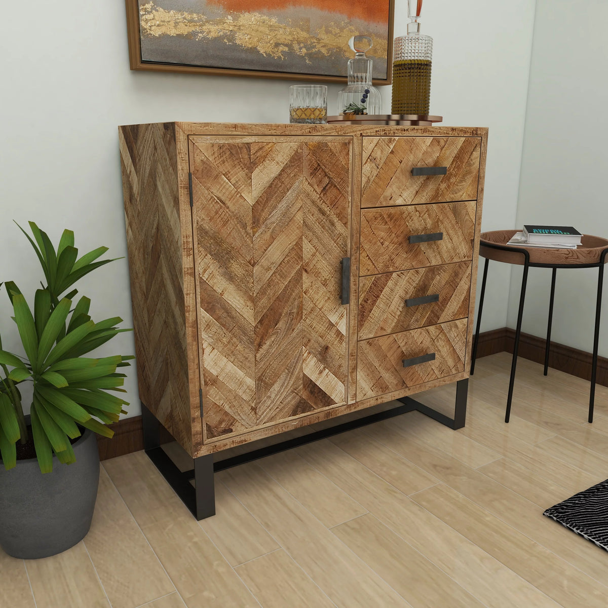 Brown Mango Wood 4 Drawers 1 Shelf 1 Door Geometric Cabinet G20576