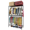 Portable Double Rod Garment Rack with Adjustable Shelves & Wheels Black I787