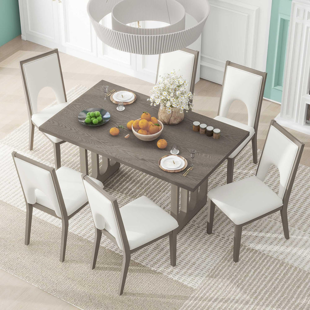 Wood 7 Piece Dining Table Set with 6 Beige Cushioned Chairs F410