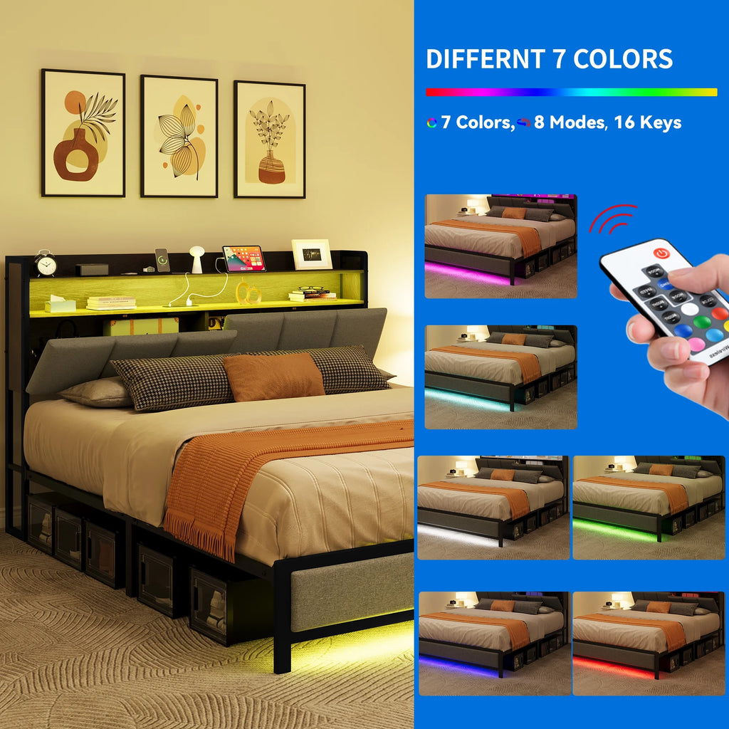 Gray LED Light Bed Frame with Storage and Upholstered Headboard Y6299