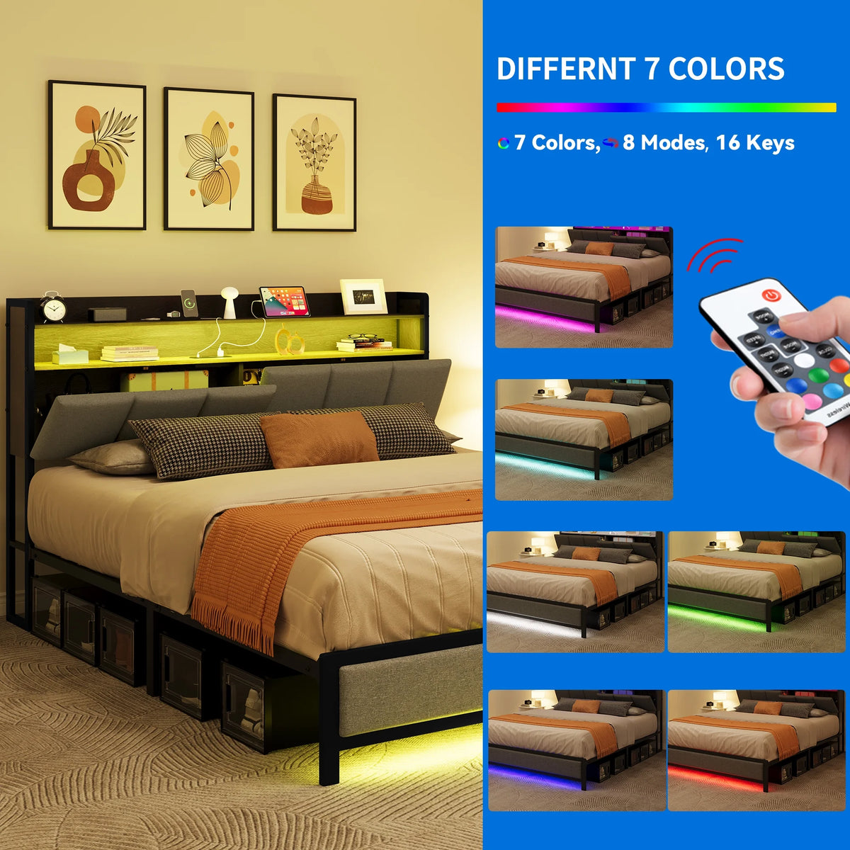 Gray LED Light Bed Frame with Storage and Upholstered Headboard Y6299