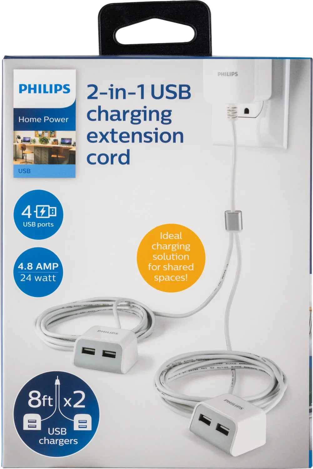 Twin USB Tabletop Charger, 4 USB-A Ports, 8ft Split Cord, White L267