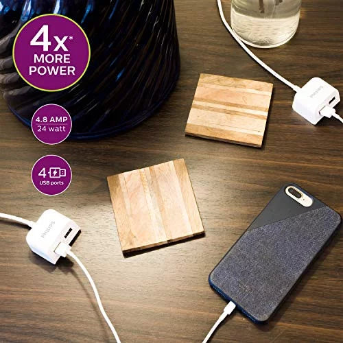 Twin USB Tabletop Charger, 4 USB-A Ports, 8ft Split Cord, White L267