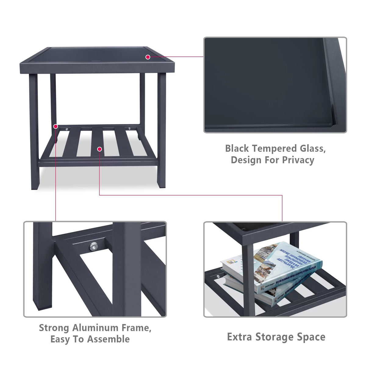 Aluminum Glass Square Side Table with Storage Shelf Y181