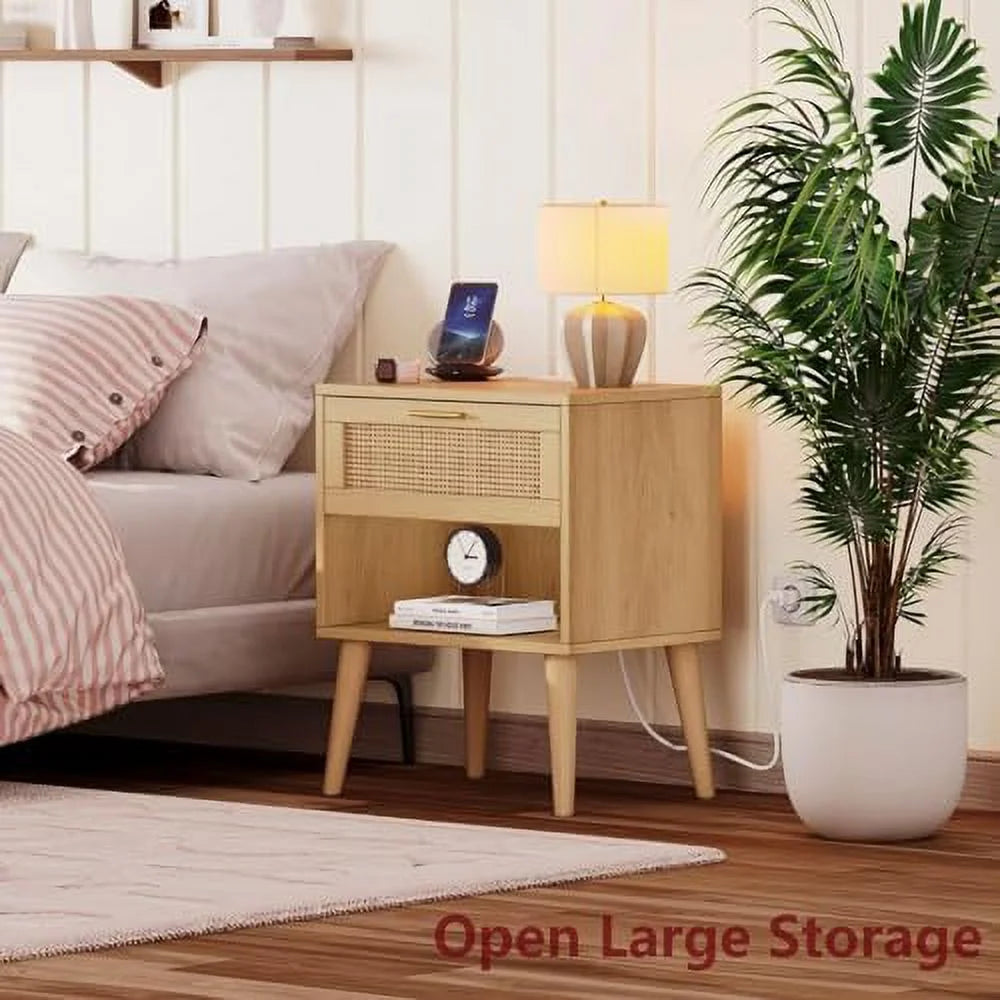 Rattan Nightstand with Charging Station 5 Drawers N4382