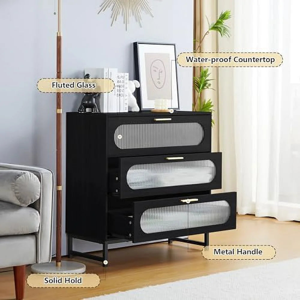 3 Drawer Tempered Glass Wood Dresser E75362