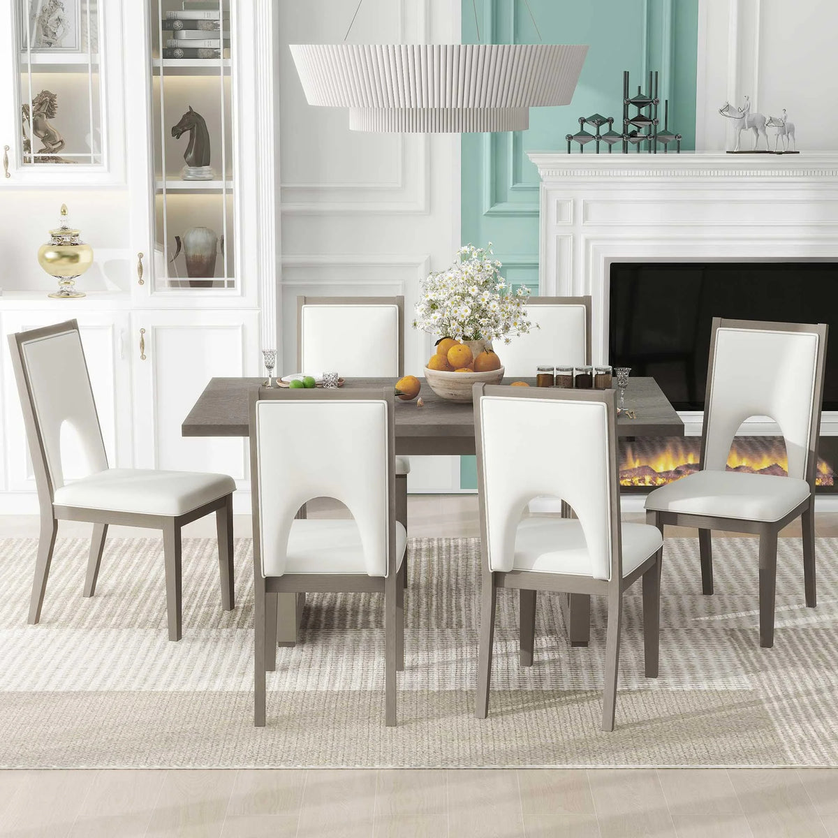 Wood 7 Piece Dining Table Set with 6 Beige Cushioned Chairs F410