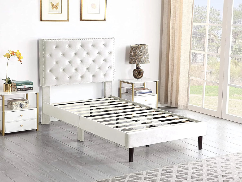 Beige Twin Upholstered Platform Bed Frame with Adjustable Headboard L174
