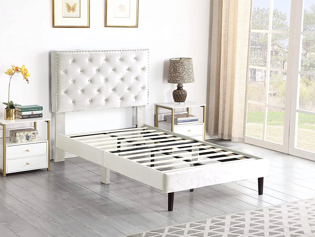 Beige Twin Upholstered Platform Bed Frame with Adjustable Headboard L174