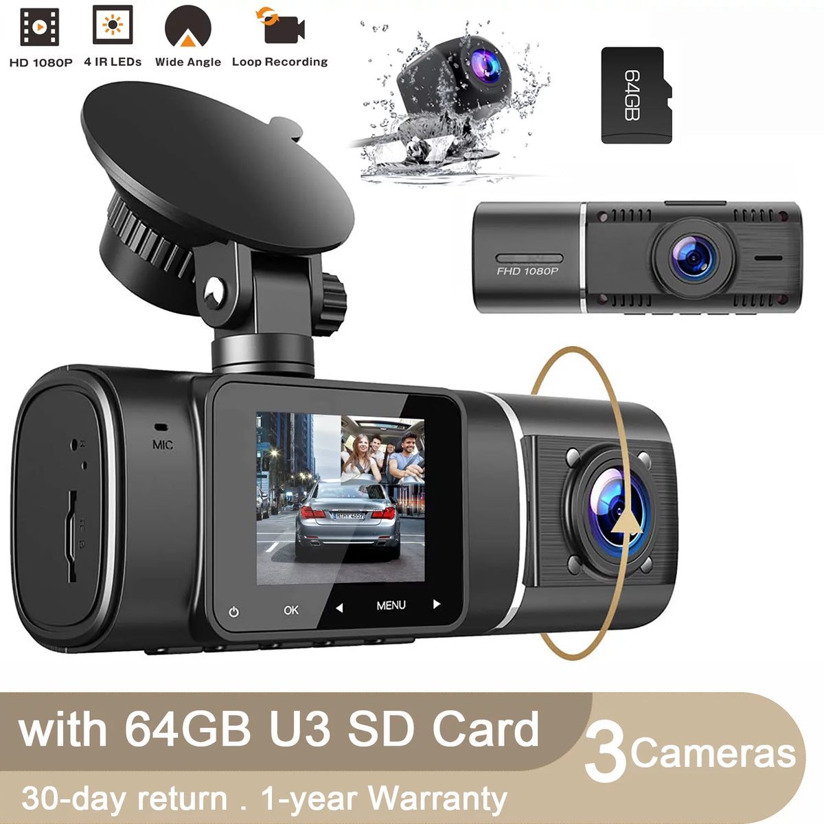 3 Channel 1080P Dash Cam with 64GB SD Card P410595