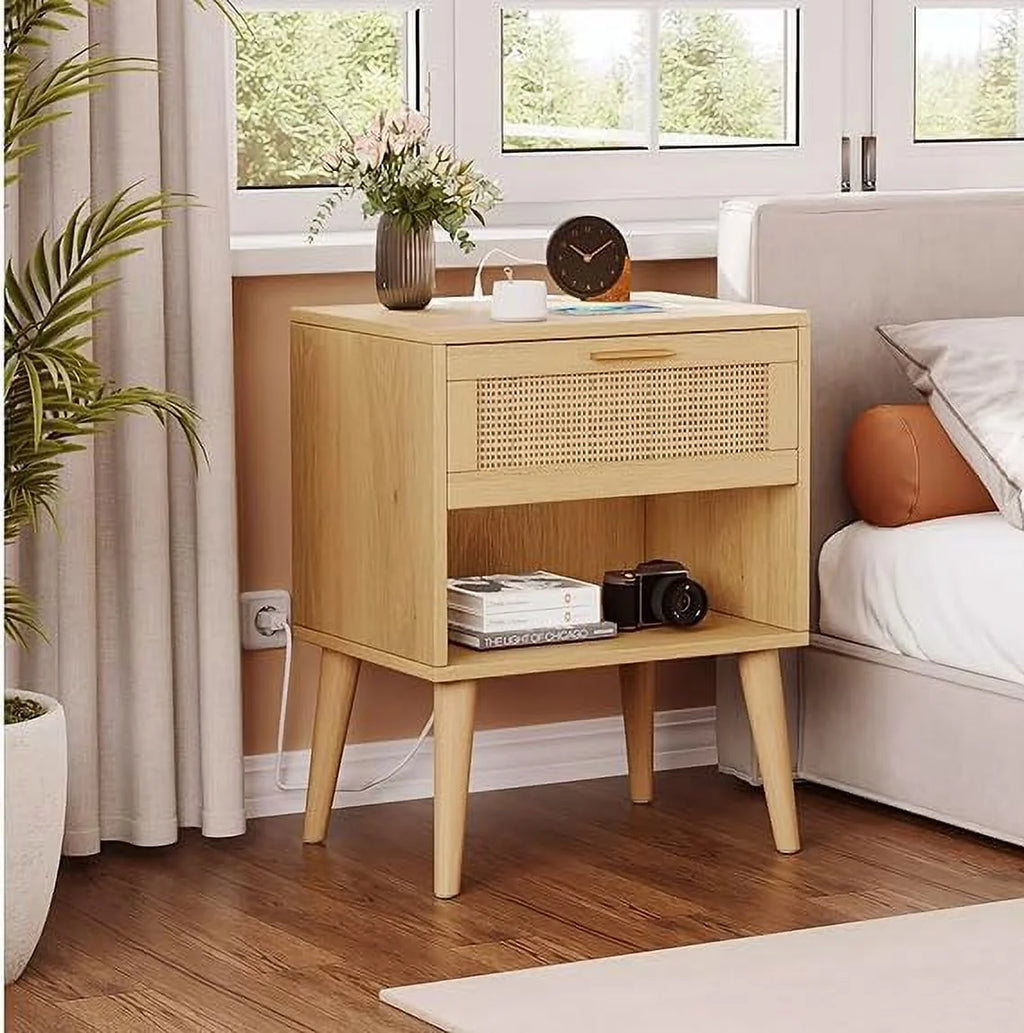 Rattan Nightstand with Charging Station 5 Drawers N4382