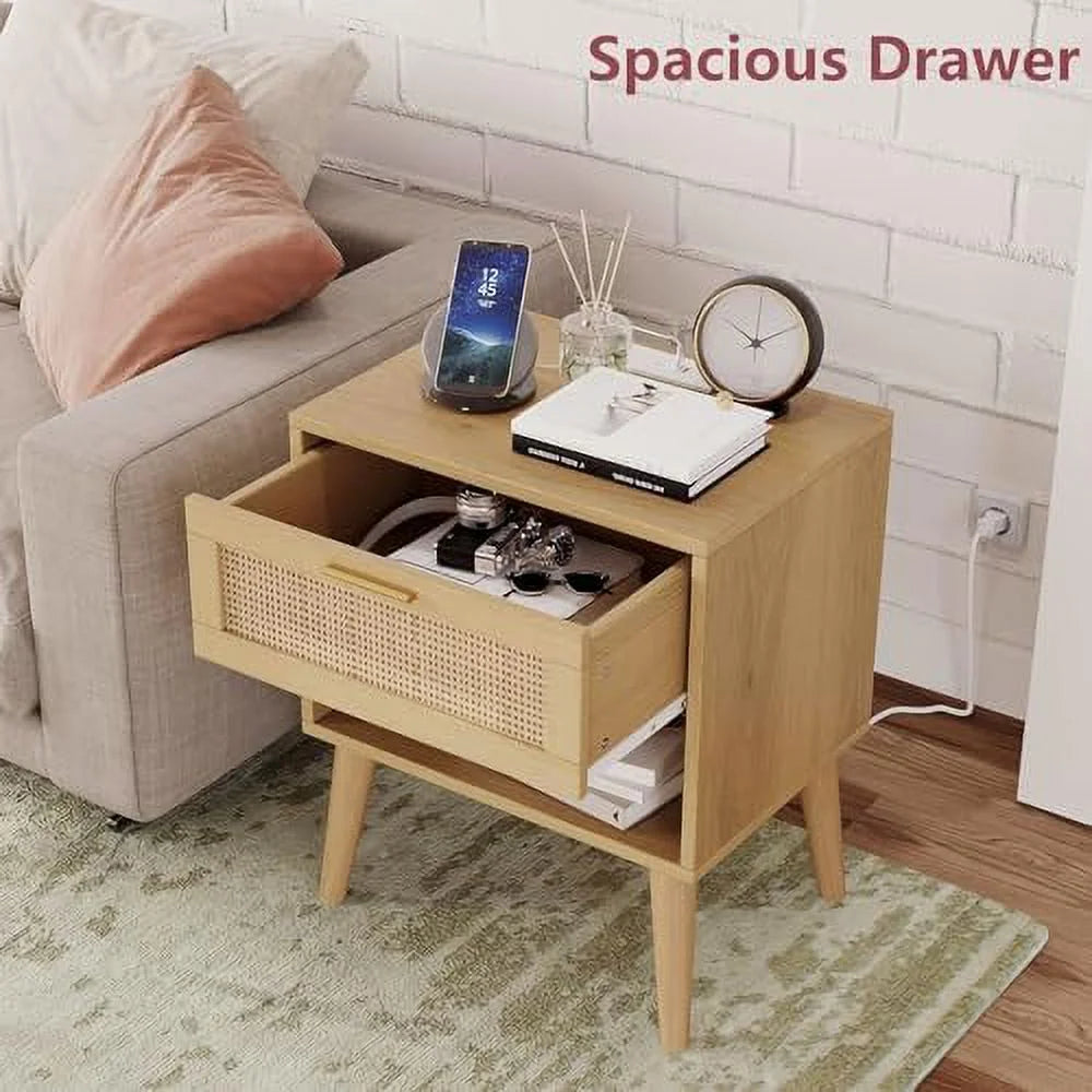 Rattan Nightstand with Charging Station 5 Drawers N4382