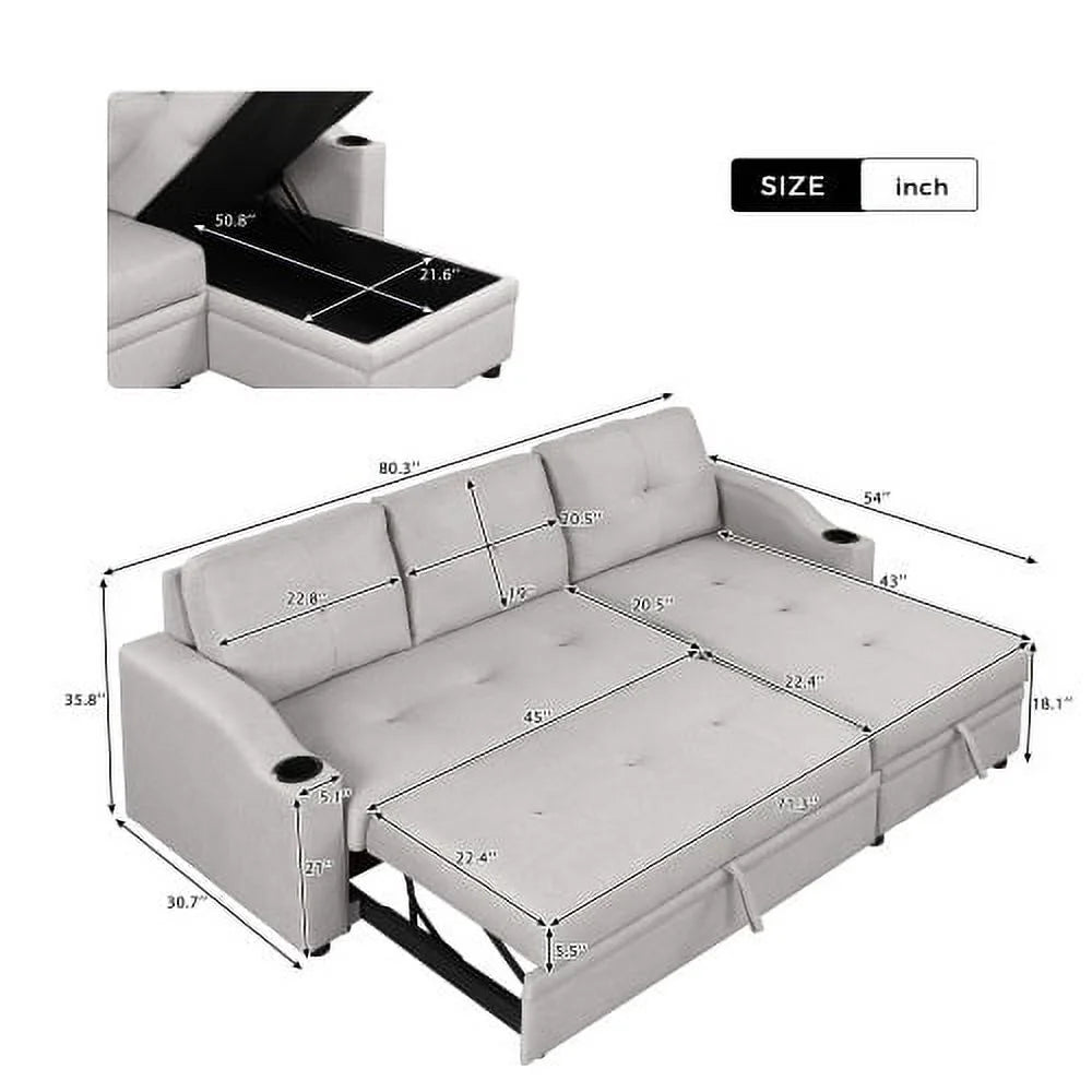 Gray Velvet L-Shape Sectional Sofa with Pull-Out Sleeper J887