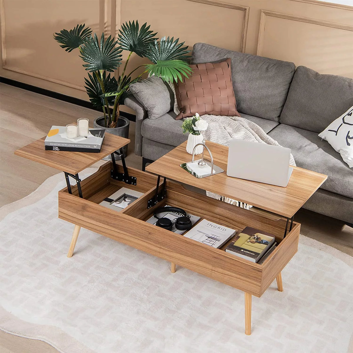 47 Inch Lift Top Coffee Table with Storage, Split Top, 2 Hidden Compartments & 5 Solid Wood Legs, Brown F56282