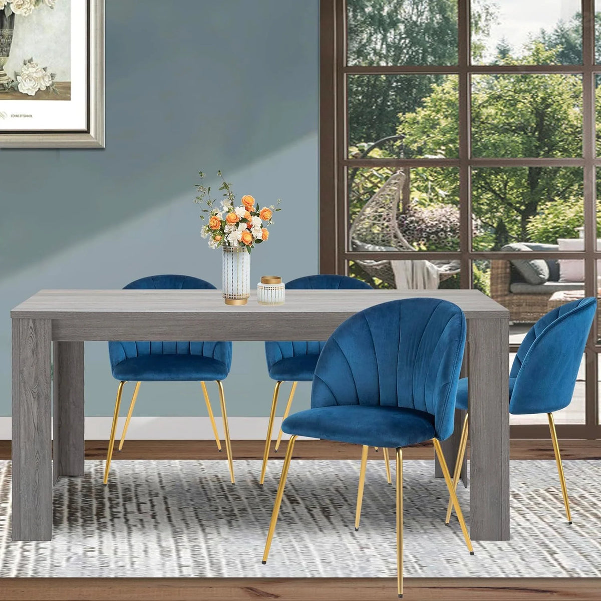 5-Piece Wooden Dining Table Set with 4 Velvet Blue Chairs E31930