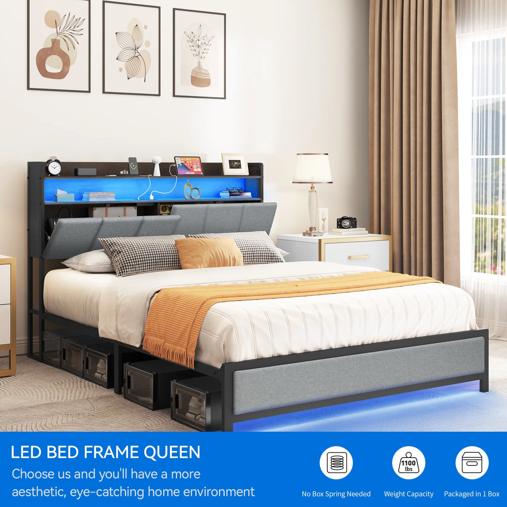 Gray LED Light Bed Frame with Storage and Upholstered Headboard Y6299