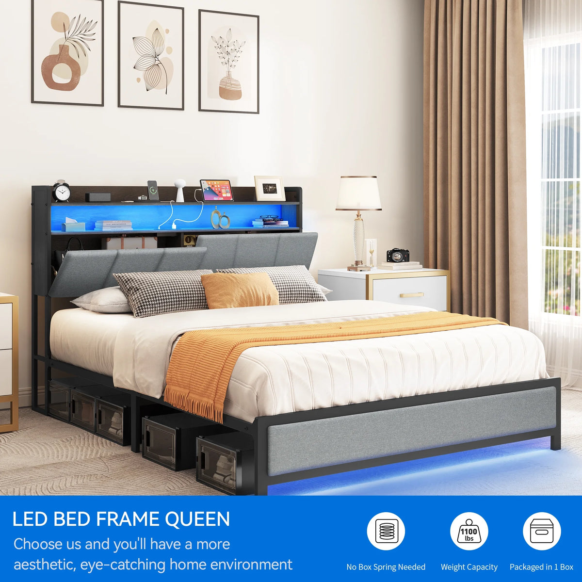 Gray LED Light Bed Frame with Storage and Upholstered Headboard Y6299