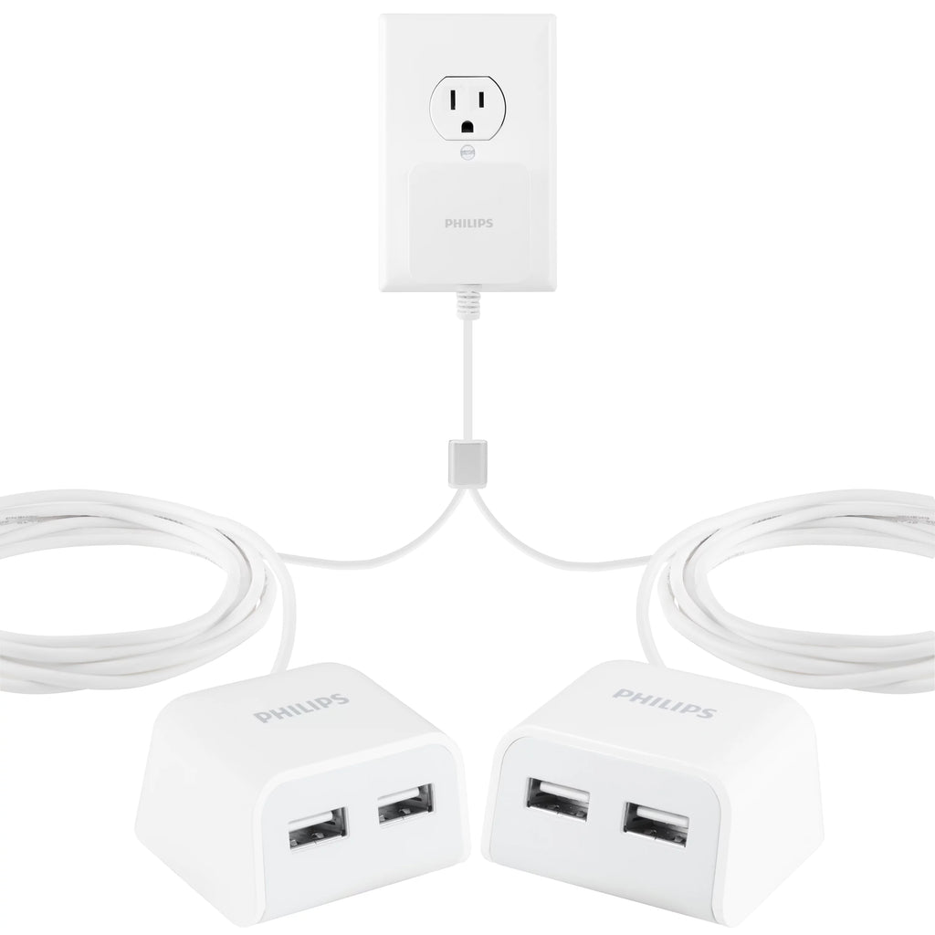 Twin USB Tabletop Charger, 4 USB-A Ports, 8ft Split Cord, White L267