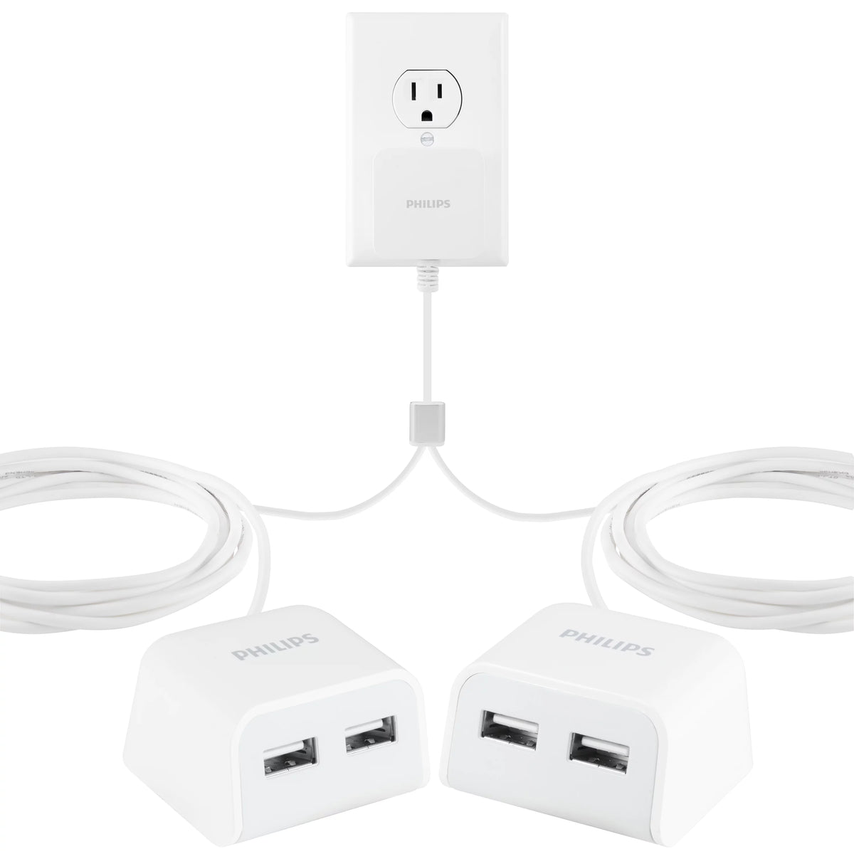 Twin USB Tabletop Charger, 4 USB-A Ports, 8ft Split Cord, White L267