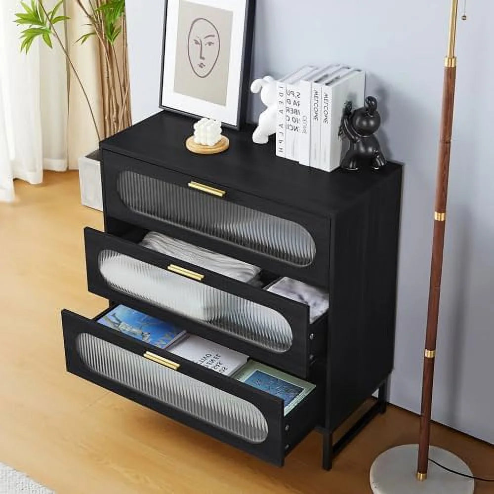3 Drawer Tempered Glass Wood Dresser E75362
