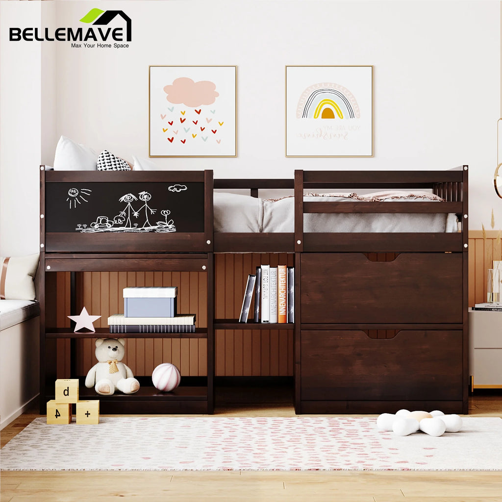 Twin Size Loft Bed with Rolling Desk, Storage Shelves and Chalkboard X658862