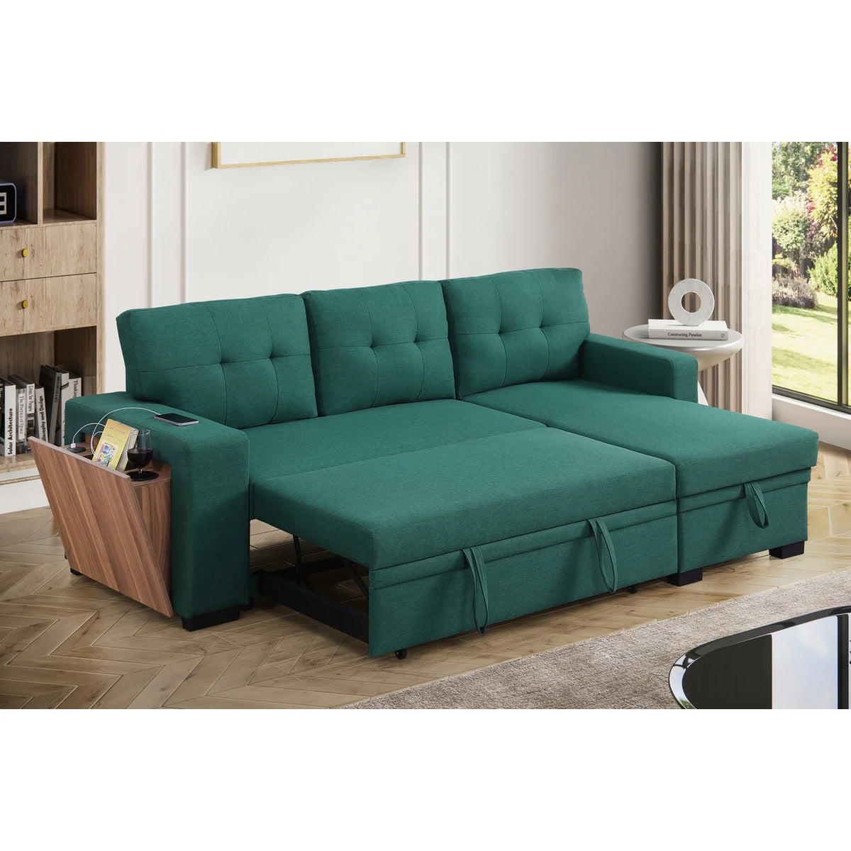 Green Reversible Sleeper Sectional Sofa Bed F8589