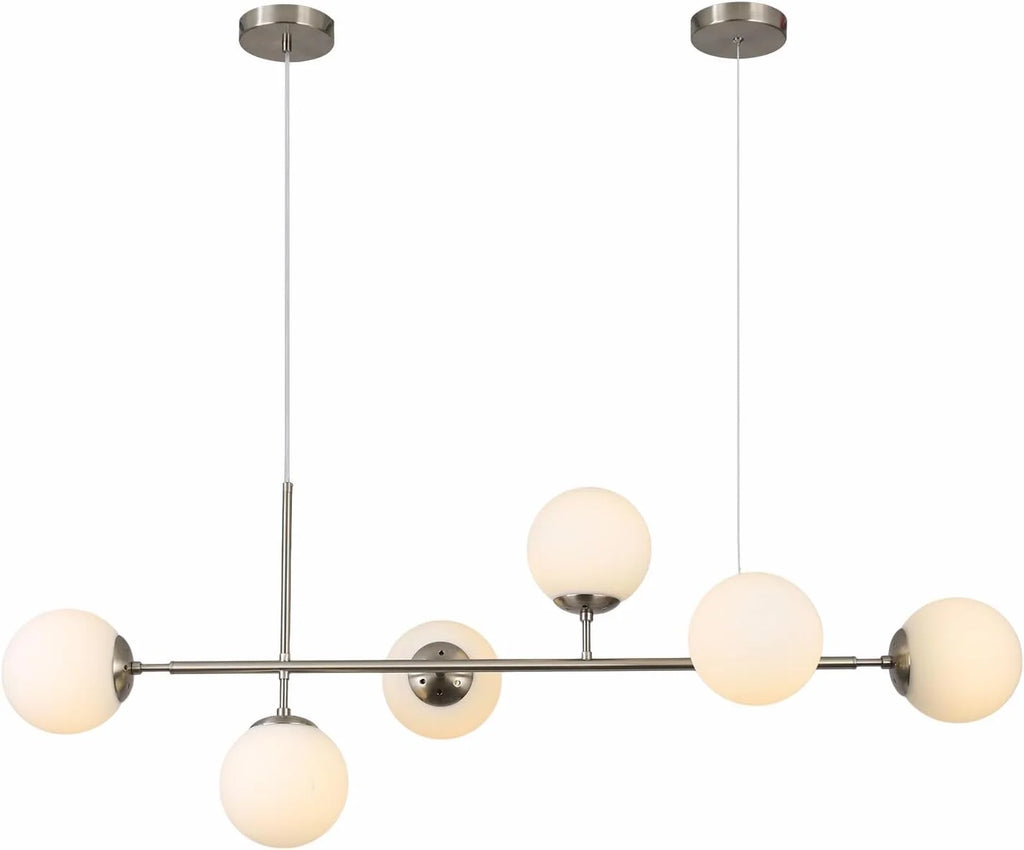 Modern Ceiling Pendant Lighting, Mid-Century Glass Globes Pendant Lamp, LED 6-Light Hanging Adjustable Chandelier for Kitchen Island Living Dining Room (Silver+Clear) D6730