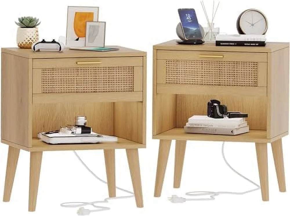 Rattan Nightstand with Charging Station 5 Drawers N4382