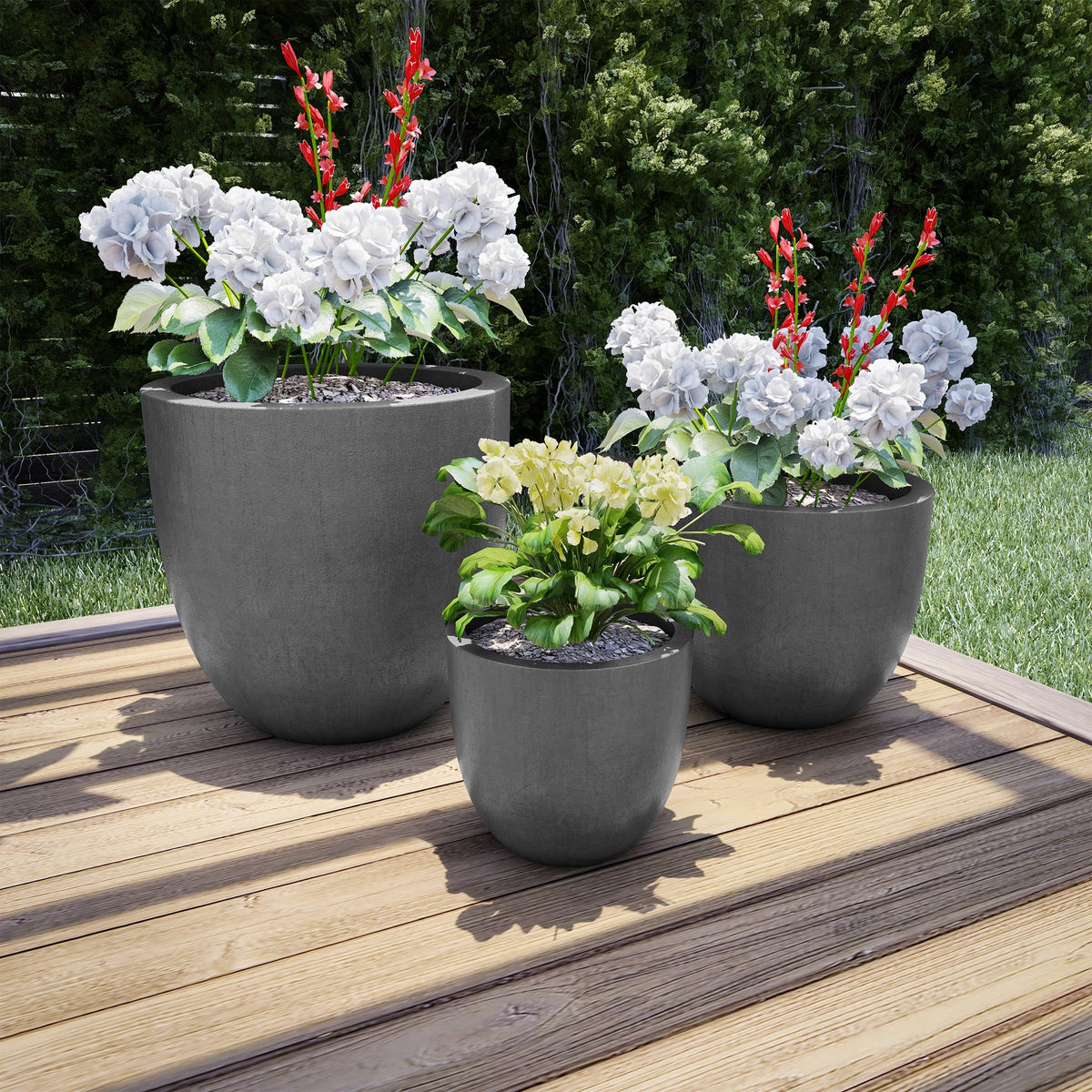 Set of 3 Tapered Gray Fiber Clay Planters L130