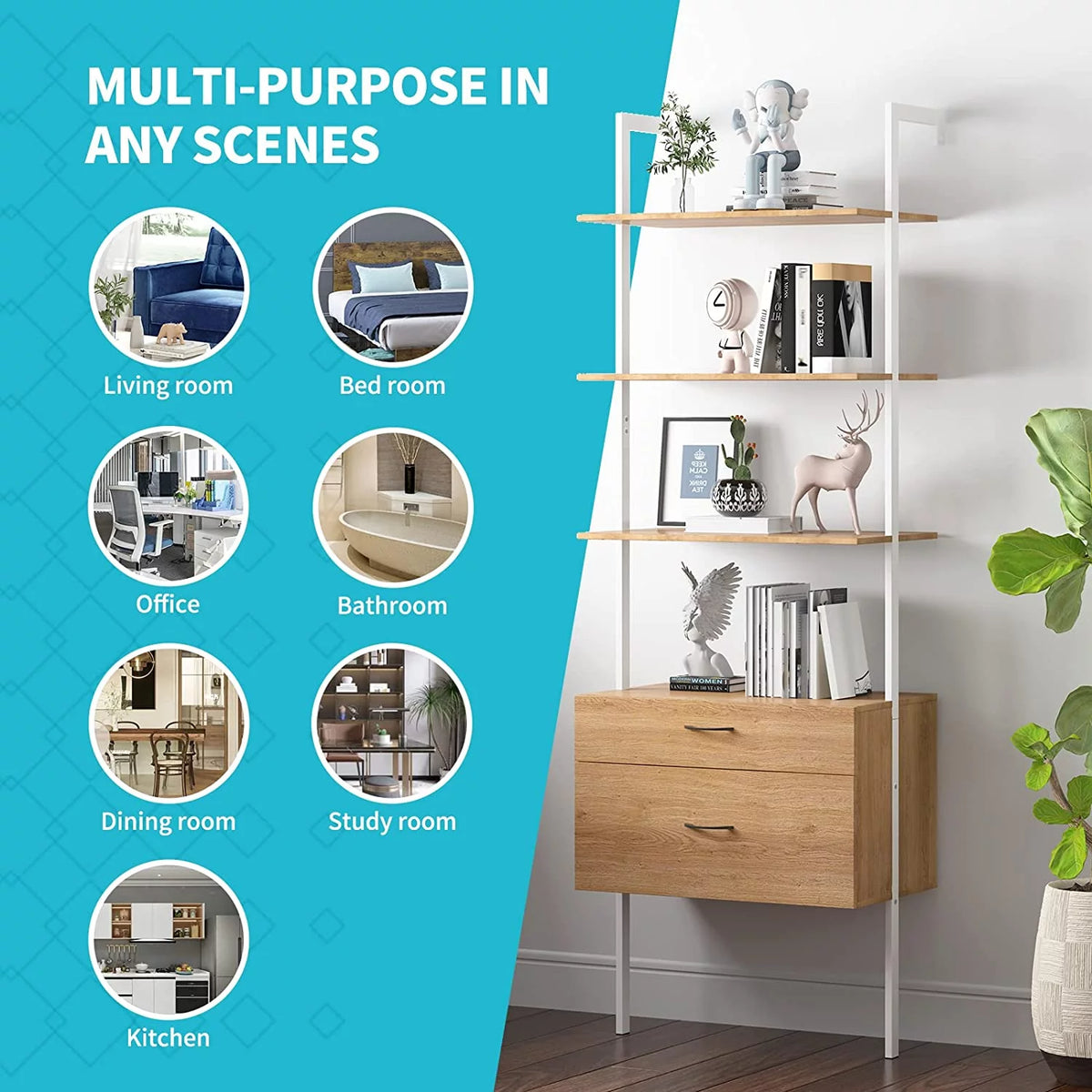 Wood Bookshelf with Drawers and Steel Frame Q8840
