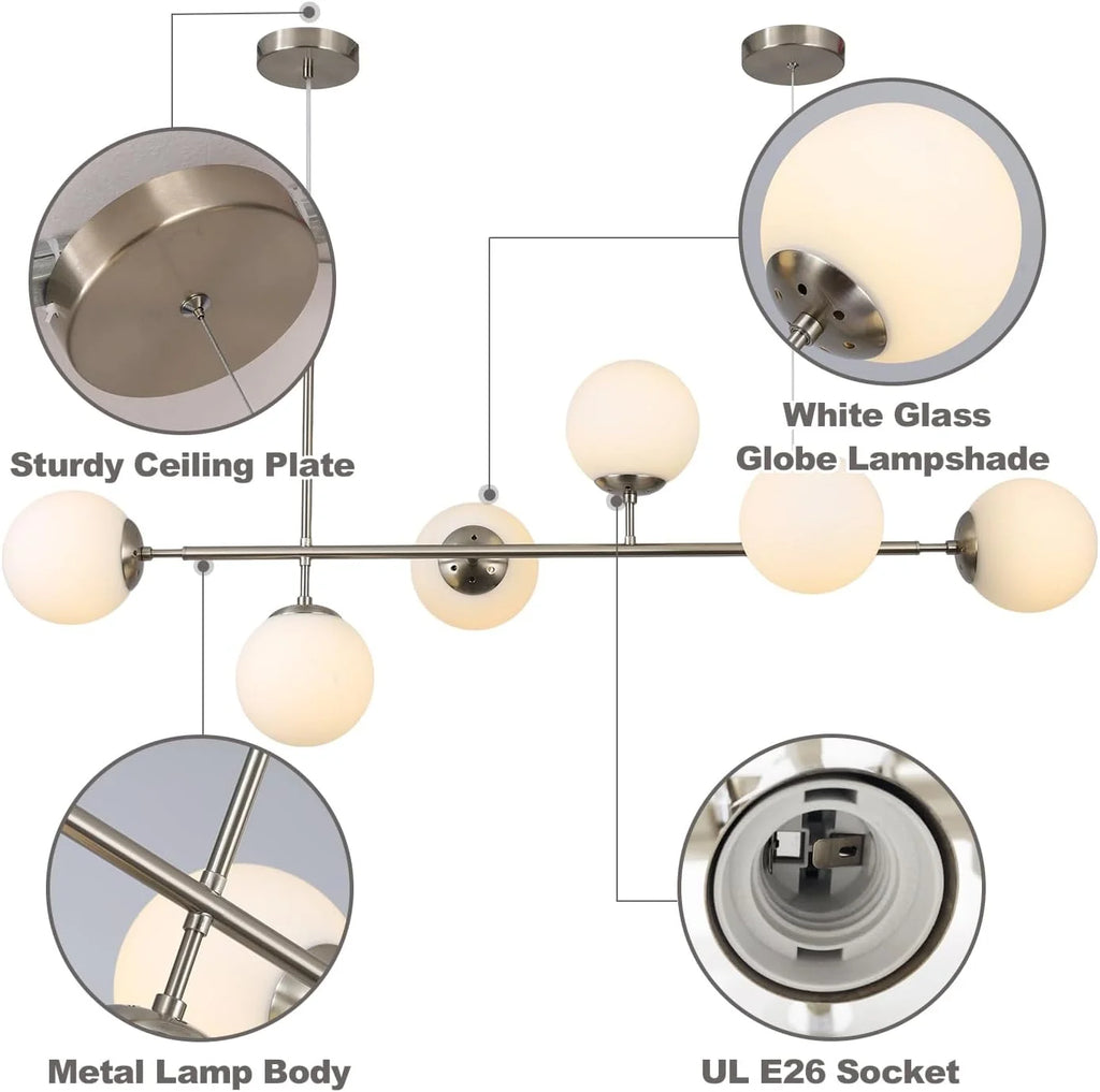 Modern Ceiling Pendant Lighting, Mid-Century Glass Globes Pendant Lamp, LED 6-Light Hanging Adjustable Chandelier for Kitchen Island Living Dining Room (Silver+Clear) D6730