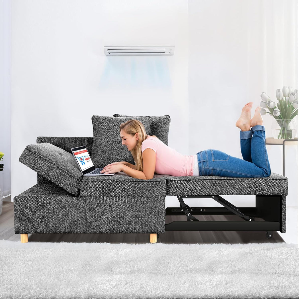 Black Convertible Sofa Bed Chair with 2 Pillows A35609