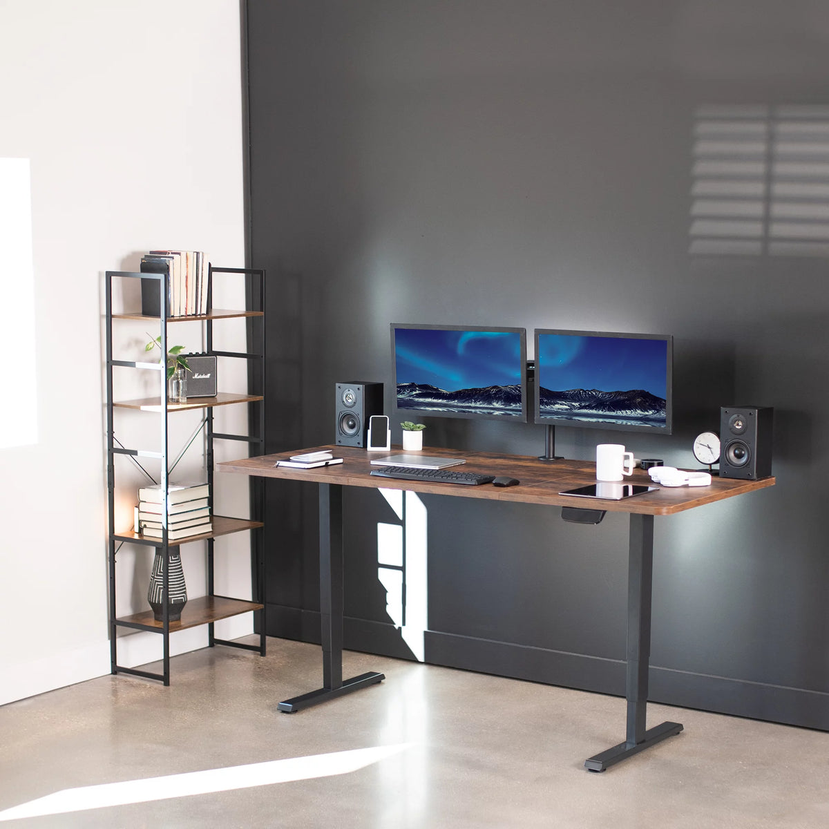 Electric 71”x36” Stand Up Desk, Rustic Vintage Brown Table Top, Black Frame E4320