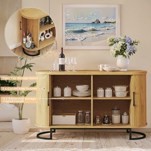 Walnut Fluted Tambour Sideboard Buffet Cabinet with Adjustable Shelves M4405