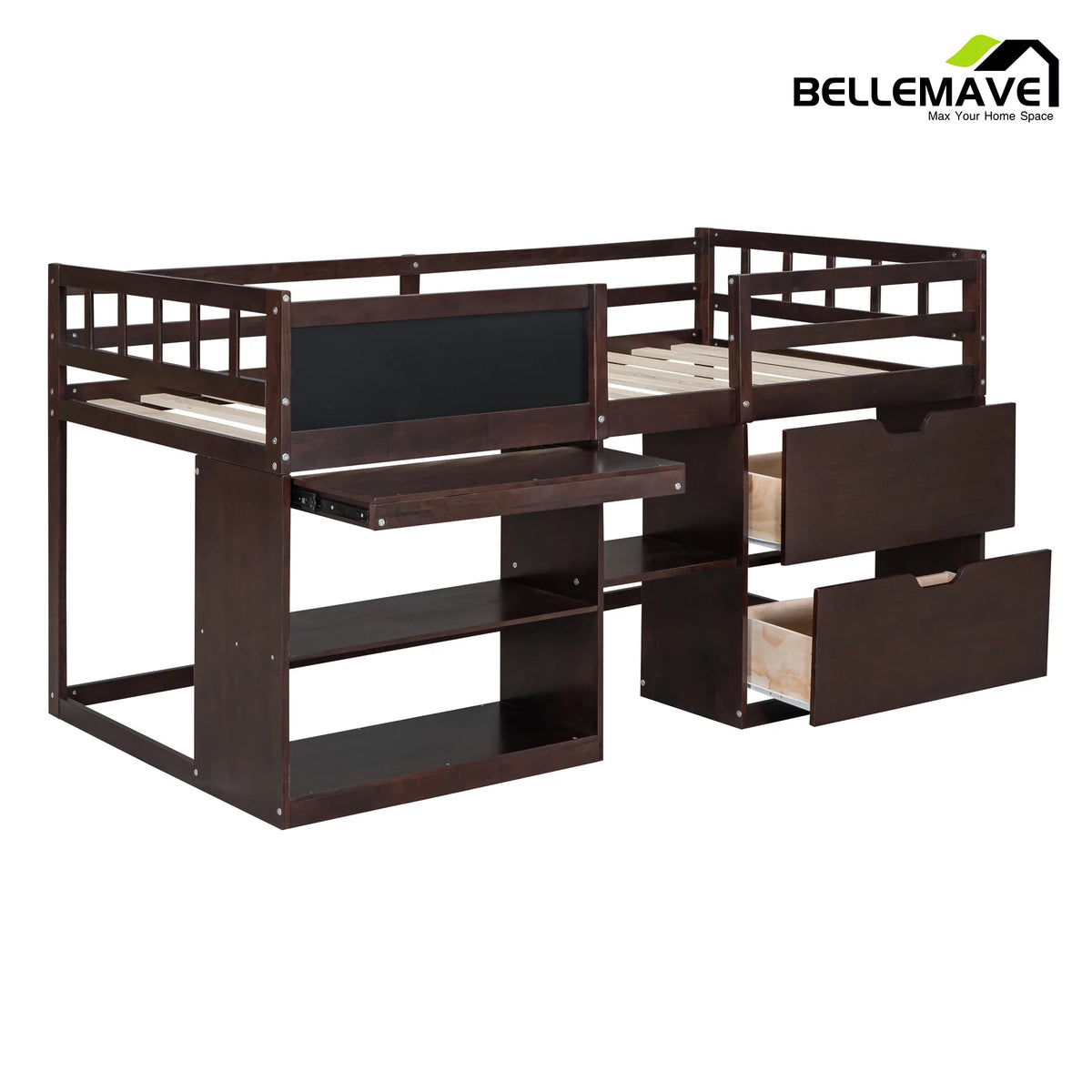 Twin Size Loft Bed with Rolling Desk, Storage Shelves and Chalkboard X658862