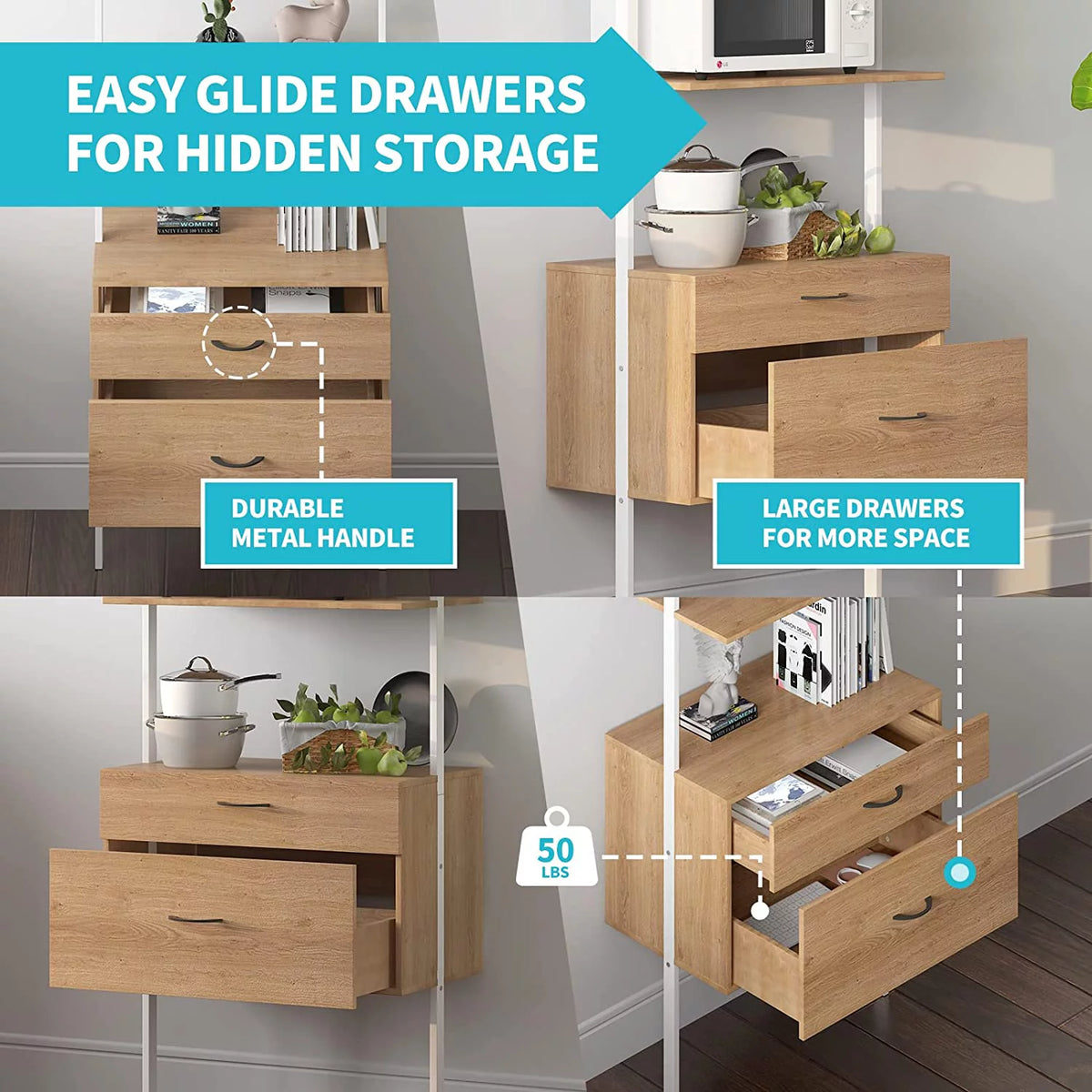 Wood Bookshelf with Drawers and Steel Frame Q8840