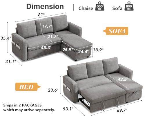 Dark Grey Sleeper Sofa Bed with Reversible Storage Chaise R94815