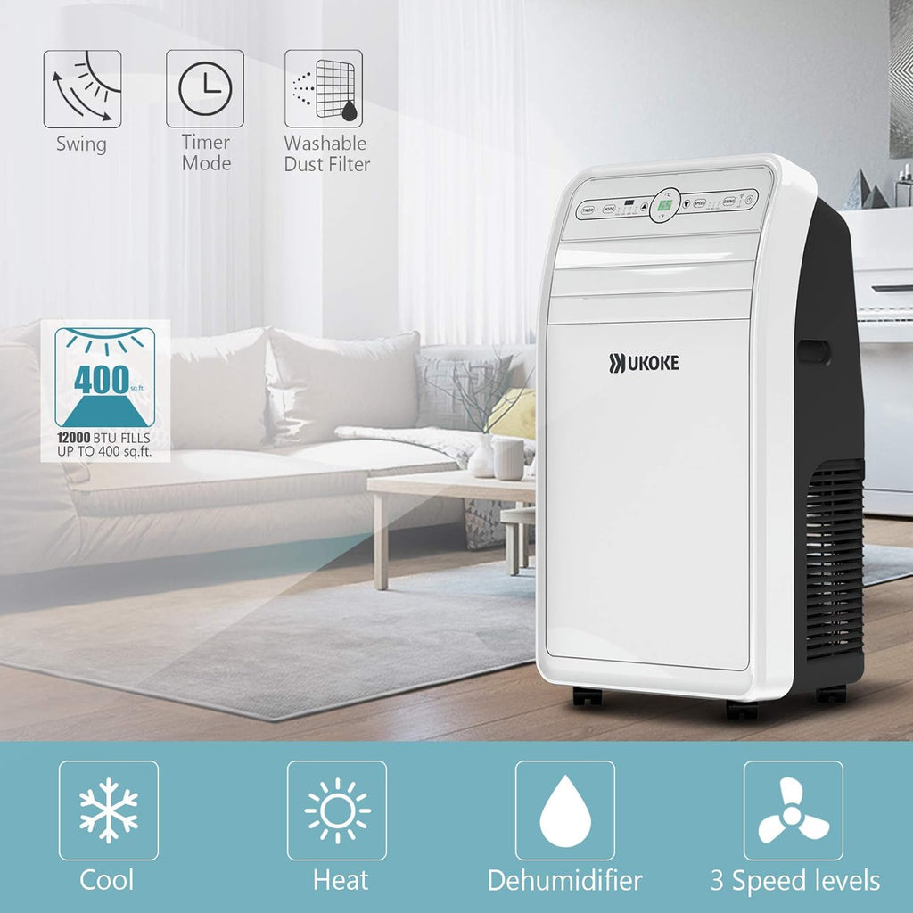 12000BTU Smart Wifi Portable Air Conditioner, 4 in 1 AC Unit with Cool, Heat, Dehumidifier & Fan, White O335090
