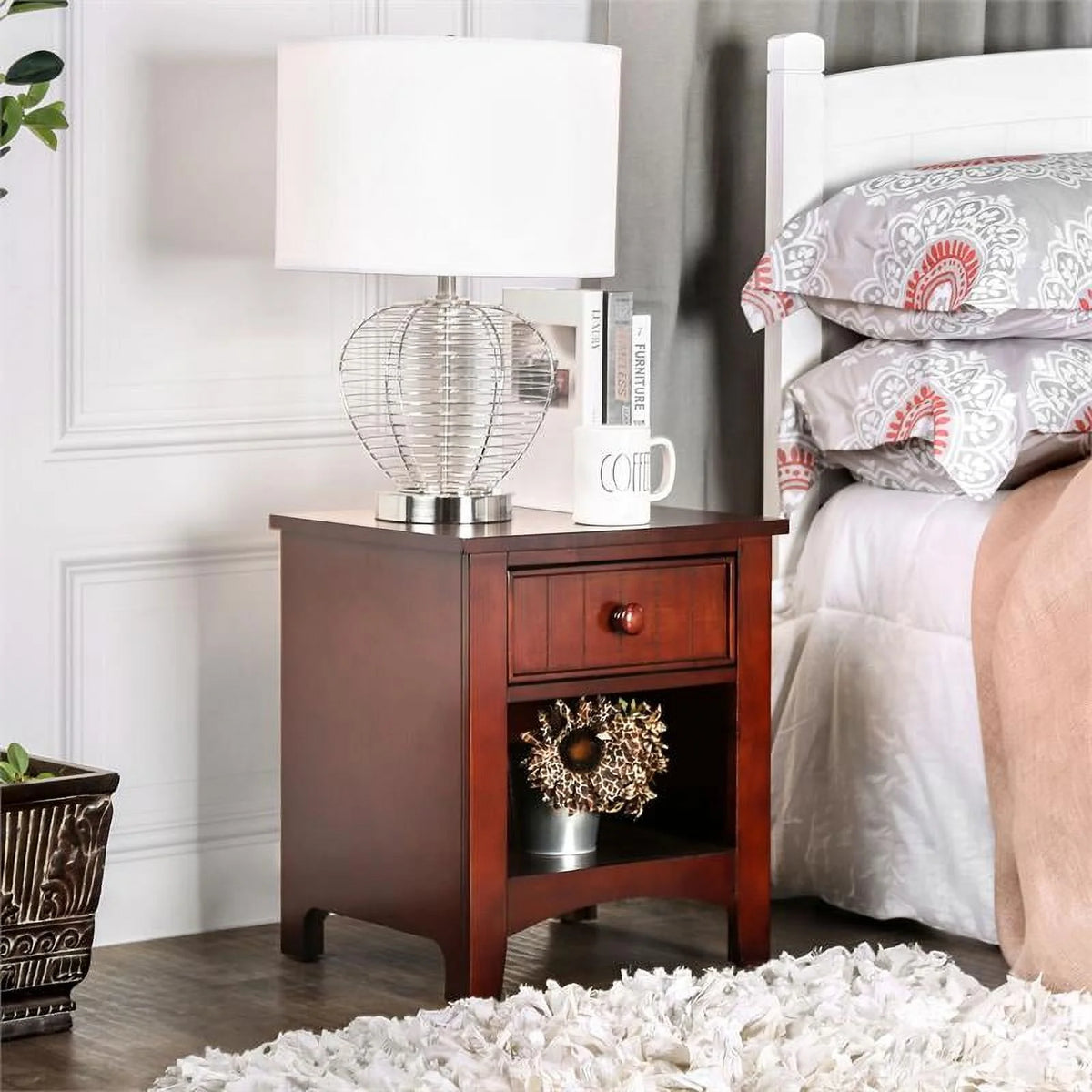 Solid Wood 1-Drawer Nightstand in Cherry I8623