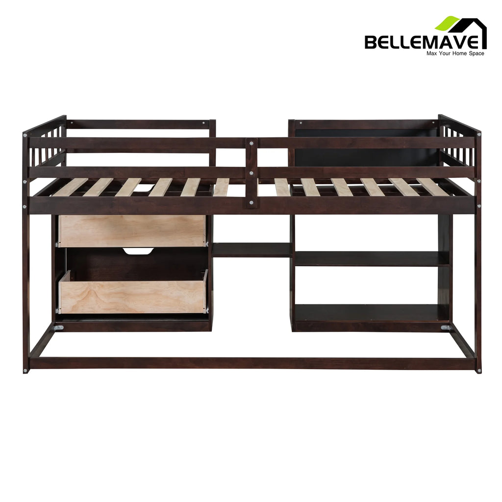 Twin Size Loft Bed with Rolling Desk, Storage Shelves and Chalkboard X658862