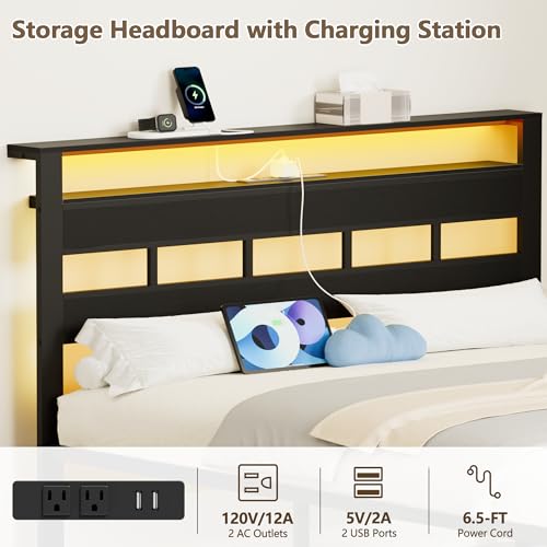 Full Size Black Oak Bed Frame with Storage Headboard and Charging Station P916