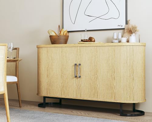 Walnut Fluted Tambour Sideboard Buffet Cabinet with Adjustable Shelves M4405