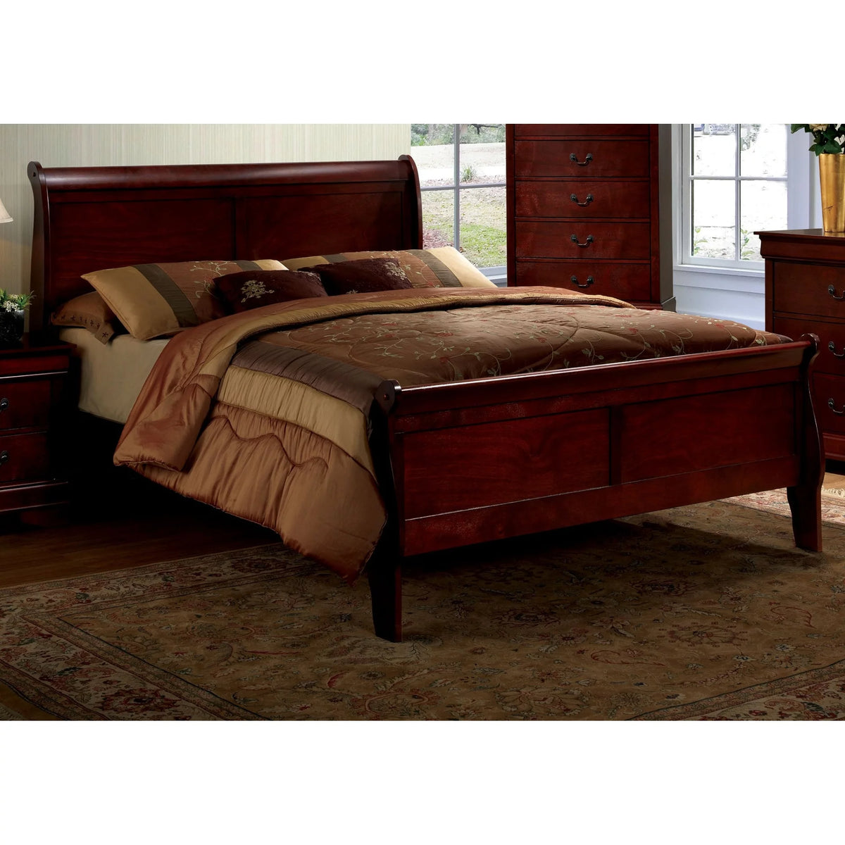 Cherry Sleigh Bed Queen Size Solid Wood Q379